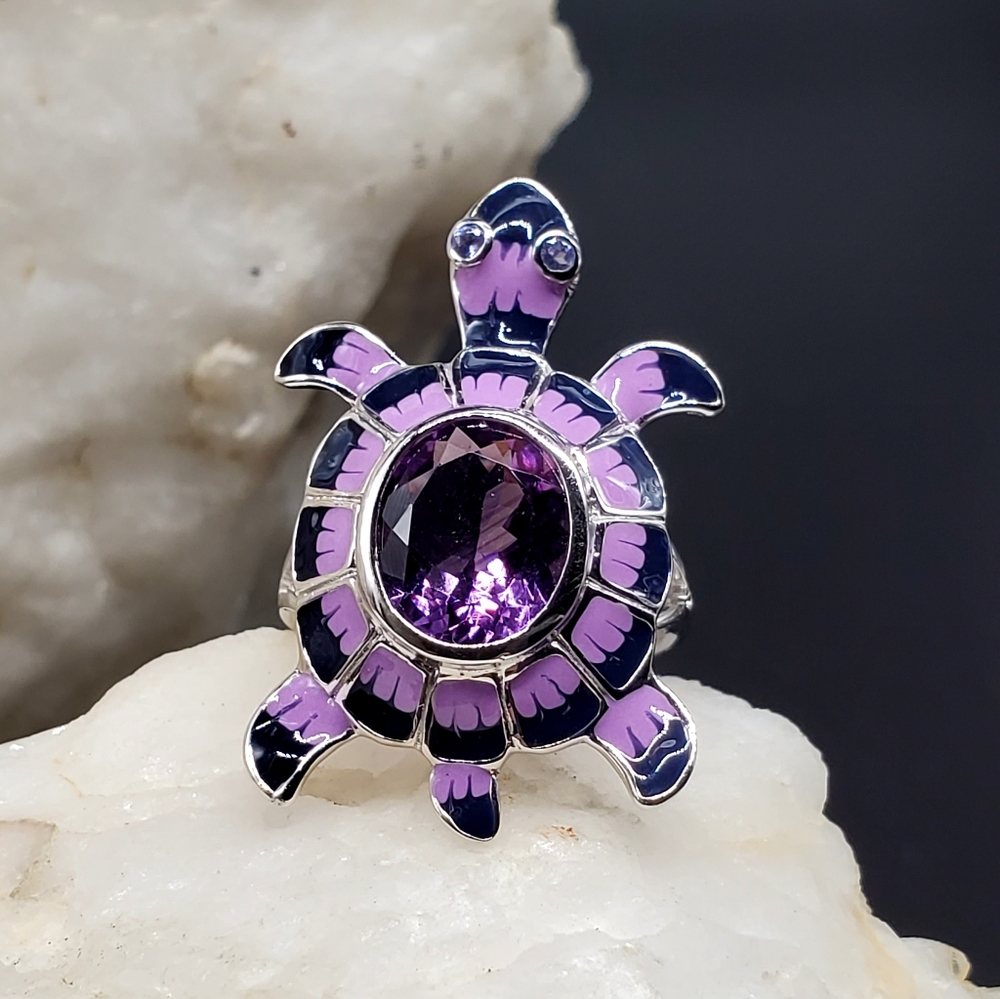 Solid Sterling Silver 925 Large Genuine Amethyst Gemstone Turtle Jewelry